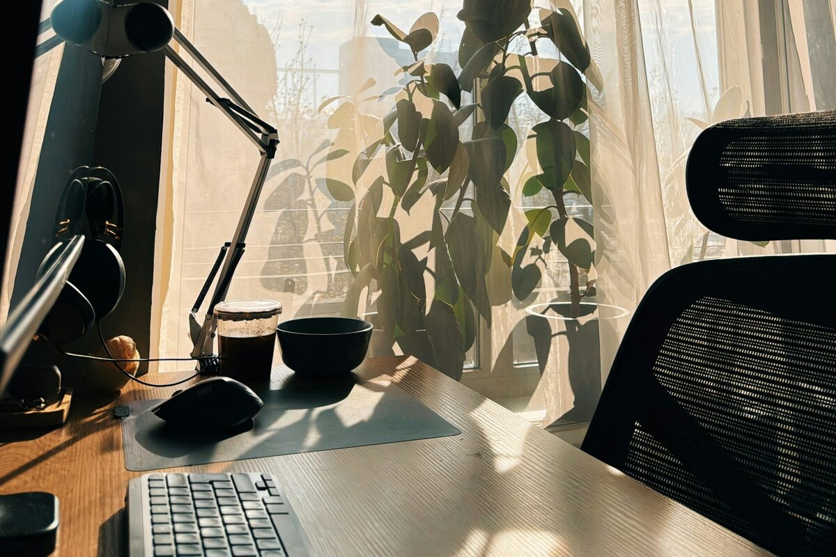 朝の光が差し込む窓辺の机。キーボードとコーヒー、観葉植物、誰も座っていない椅子