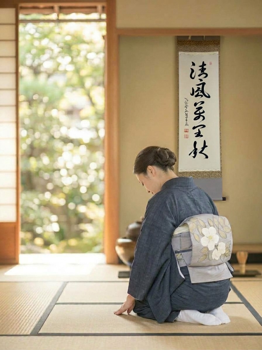 「清風萬里秋」のお軸が掛かる茶室で、着物姿の女性が畳に手をついて礼をしている（イメージ）