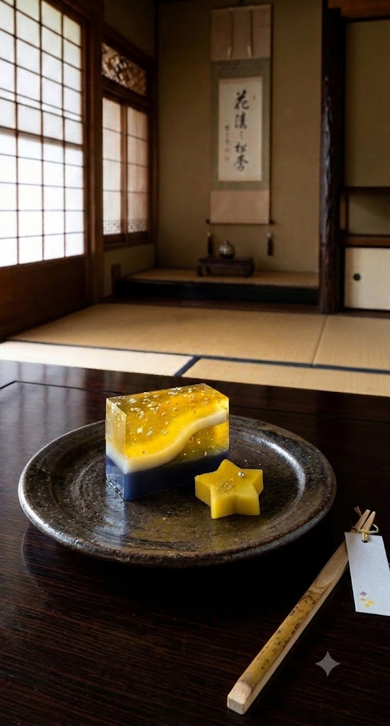 天の川をイメージした琥珀羹と星形の上生菓子が乗った銘々皿